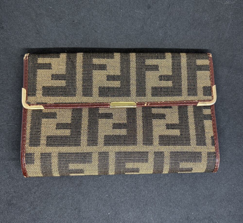 AUTH FENDI ZUCCA FLAP CANVAS & LEATHER THIN COMPACT WALLET PREOWNED BROWN